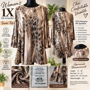SOL R.H.R. Womens 1XL Animal Print Tunic Top 3/4 Bell Sleeve B5294X Brown Tan